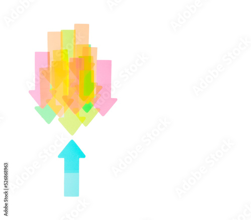 Background with many arrows pointing down with one arrow pointing up. Concept of free spirit and individualism.