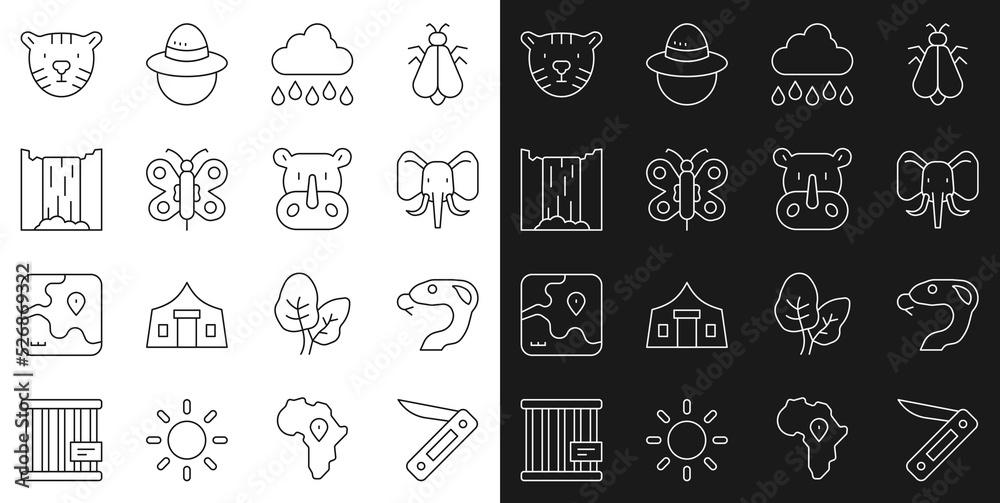 Set line Swiss army knife, Snake, Elephant, Cloud with rain, Butterfly, Waterfall, Tiger head and Rhinoceros icon. Vector Set line Swiss army knife, Snake, Elephant, Cloud with rain, Butterfly, Waterfall, Tiger head and Rhinoceros icon. Vector