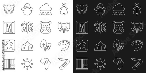 Set line Swiss army knife  Snake  Elephant  Cloud with rain  Butterfly  Waterfall  Tiger head and Rhinoceros icon. Vector