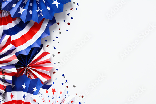 Happy Labor Day, Independence Day, Veterans day banner design. Flat lay red, white, and blue USA paper fans isolated on white background.