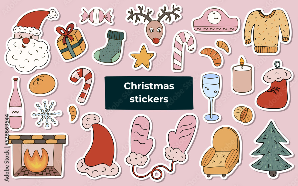 Big set of stickers with Christmas doodle in flat style for planners. Ready for print list of cute stickers. Hand drawn vector illustration with outline. Red christmas, festive gift box, celebration