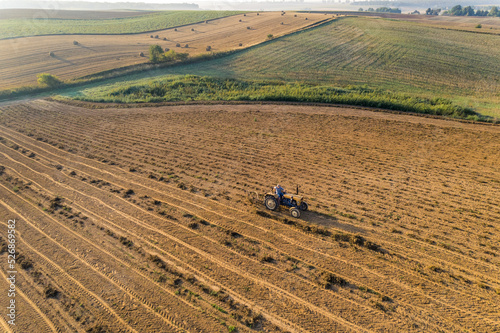 Blue tractor on bean plantation surrounded by green fields in the background. Food industry and agriculture. Horizontal shot. High quality photo