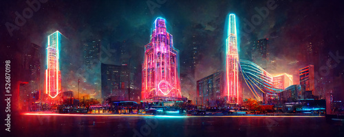 panorama of futuristic city , the metropolis that illuminates a foggy weather in the evening evening, the city center consisting of neon system surrounded , skyscrapers illustration with architecture  photo