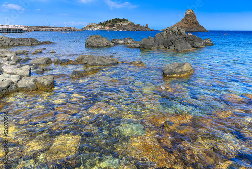 Cyclopean Isles, Aci Trezza, Sicily, Italy. These were the great stones thrown at Odysseus by the monster Cyclops in the epic poem "The Odyssey."