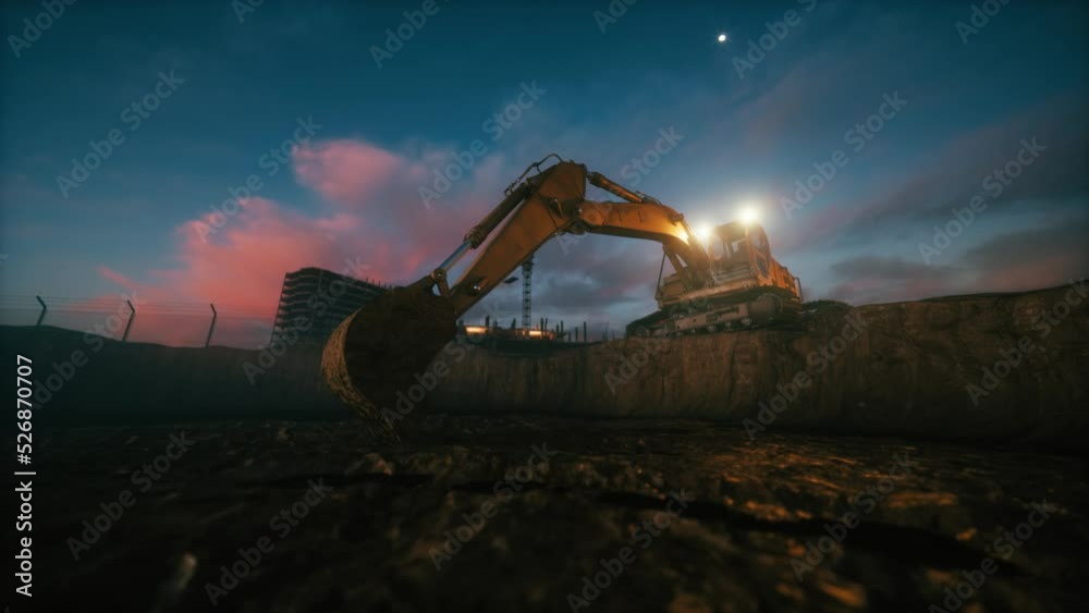 Excavator with big shovel in the excavation of the construction site. 3d visualization