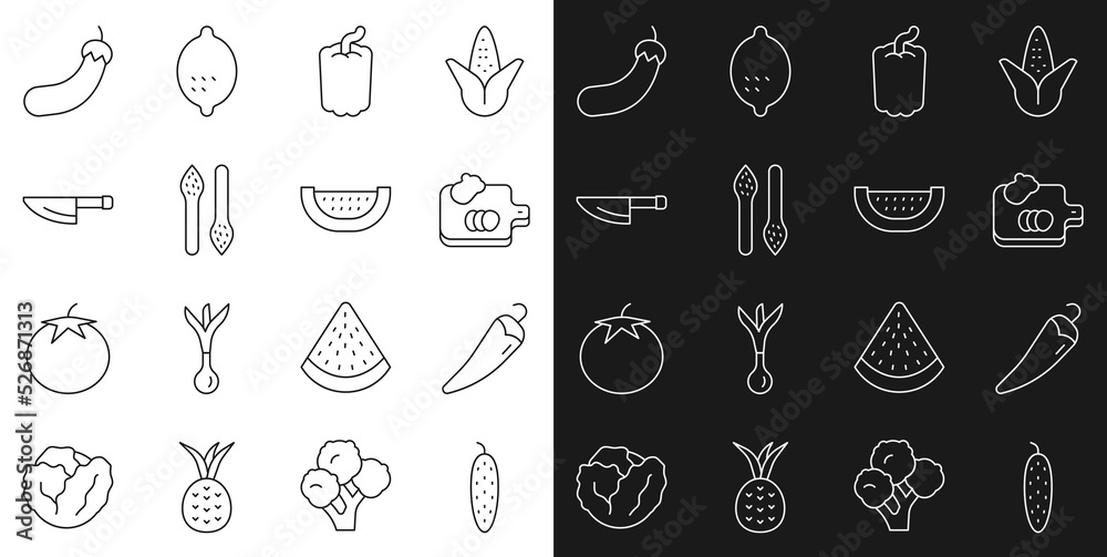 Set line Cucumber, Hot chili pepper, Cutting board with vegetables, Bell, Asparagus, Knife, Eggplant and Watermelon icon. Vector