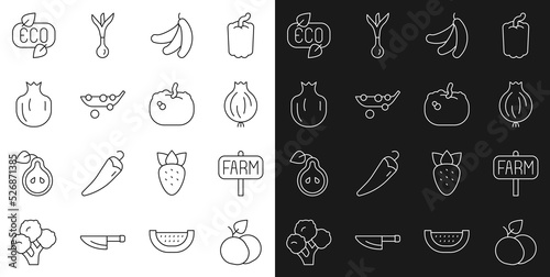 Set line Mango fruit, Location farm, Garlic, Banana, Peas, Pomegranate, Leaf Eco symbol and Pumpkin icon. Vector