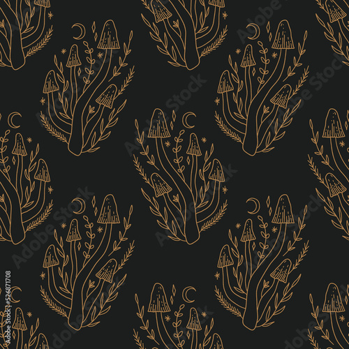 Witchcraft magic mushrooms vector and jpg printable boho seamless pattern, unique repeat clipart illustration image, editable isolated details. Perfect for clothes design, wrapping paper, cloth