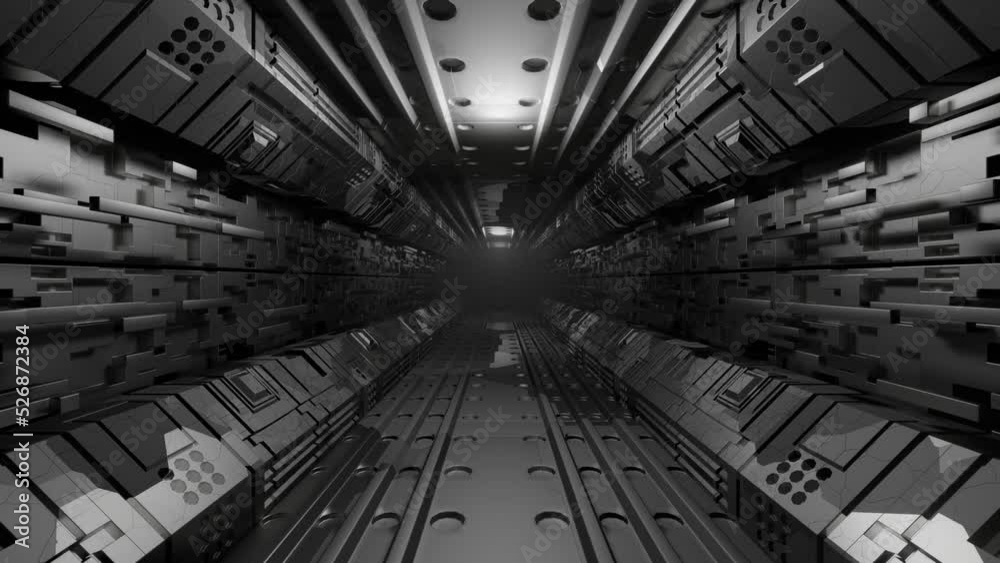 spaceship corridor. Camera movement along a metal corridor. Seamless animation.