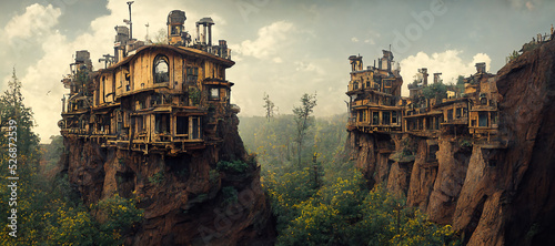 Foto steampunk and forestpunk cliff dwellings Digital Art Illustration Painting Hyper