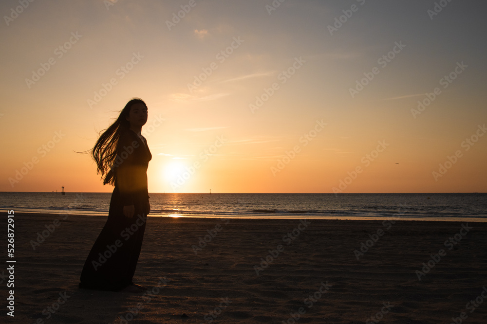 © Milou Dirks - silhouette of a woman in long black dress on the beach at sunset © Milou Dirks - silhouette of a woman in long black dress on the beach at sunset