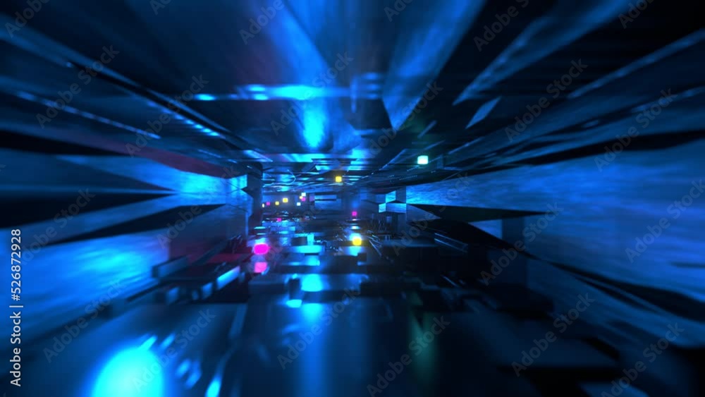 Camera movement along a metal corridor, luminous elements. spaceship corridor. Seamless animation.