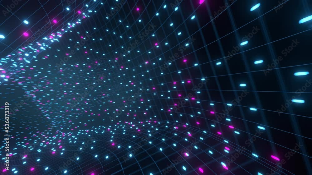 holographic corridor. Camera movement along the corridors of lines and dots. Frame corridor. Seamless animation.