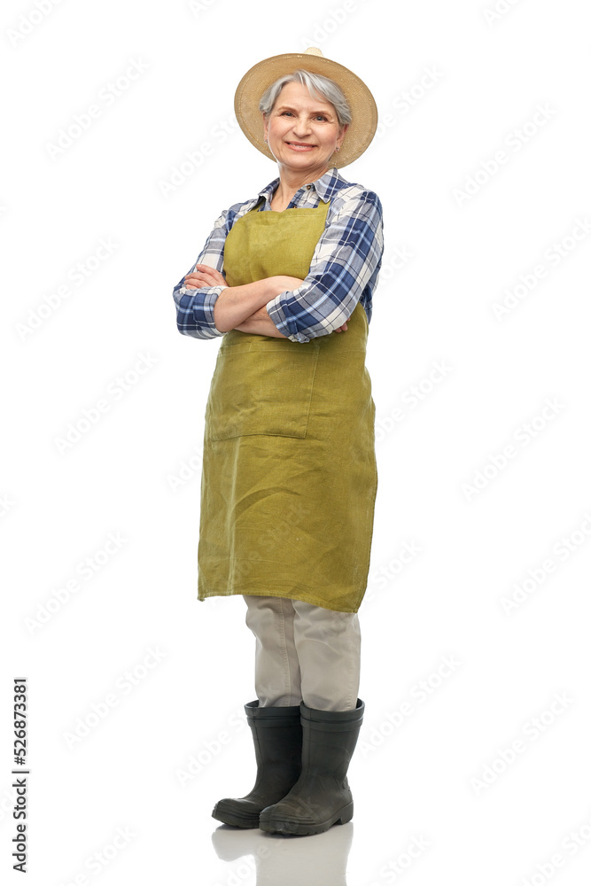 gardening, farming and old people concept - portrait of smiling senior woman in green garden apron, straw hat and rubber boots over white background gardening, farming and old people concept - portrait of smiling senior woman in green garden apron, straw hat and rubber boots over white background
