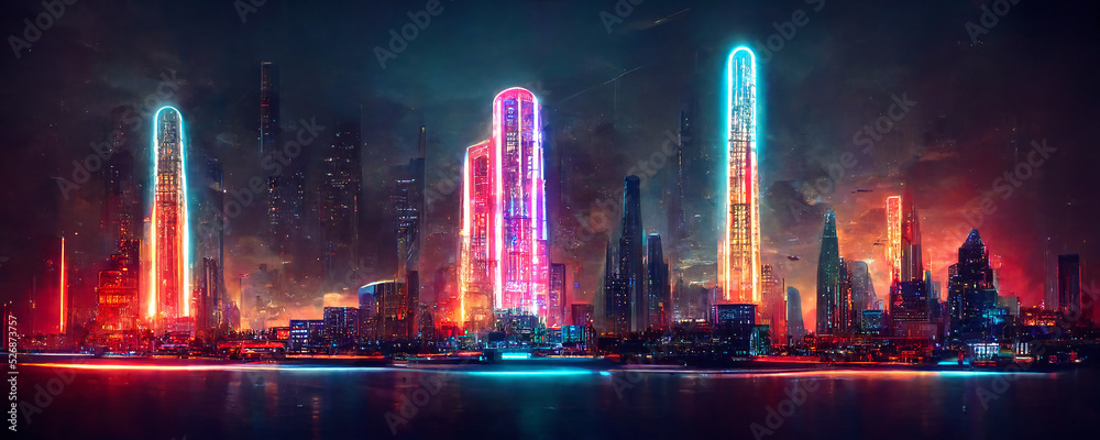 a glimpse from the sea, the fascinating city of the future, the façade view of the skyline that is eye-catching in the evening , galacticos city design, cybercity of the future shining with neon light