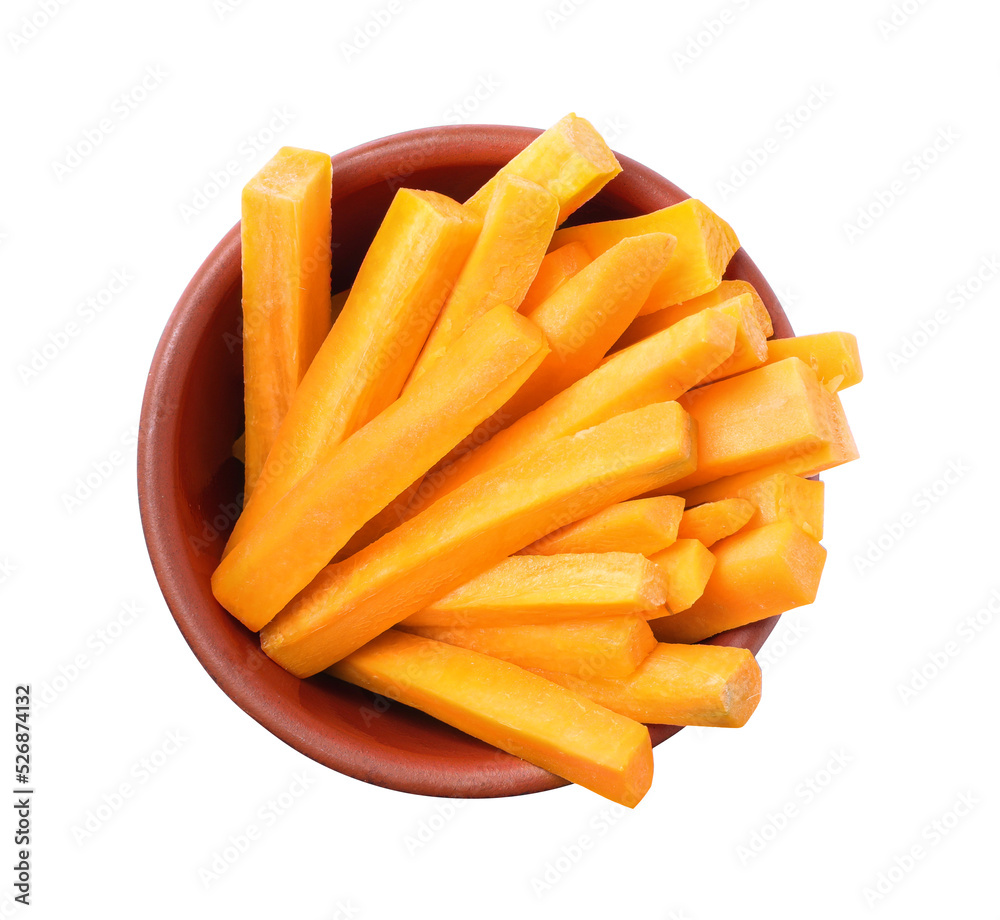 Bowl of delicious carrot sticks isolated on white, top view Bowl of delicious carrot sticks isolated on white, top view