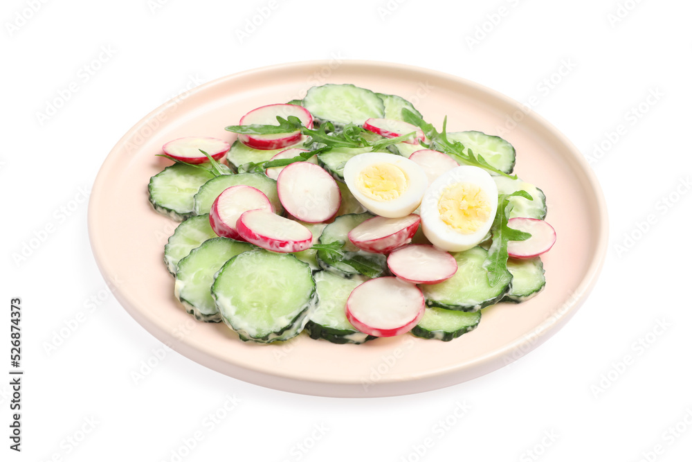 Tasty fresh salad with cucumber isolated on white
