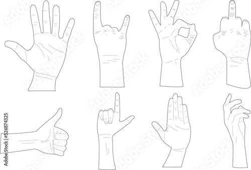 Eight silhouettes of different positions of vector hands