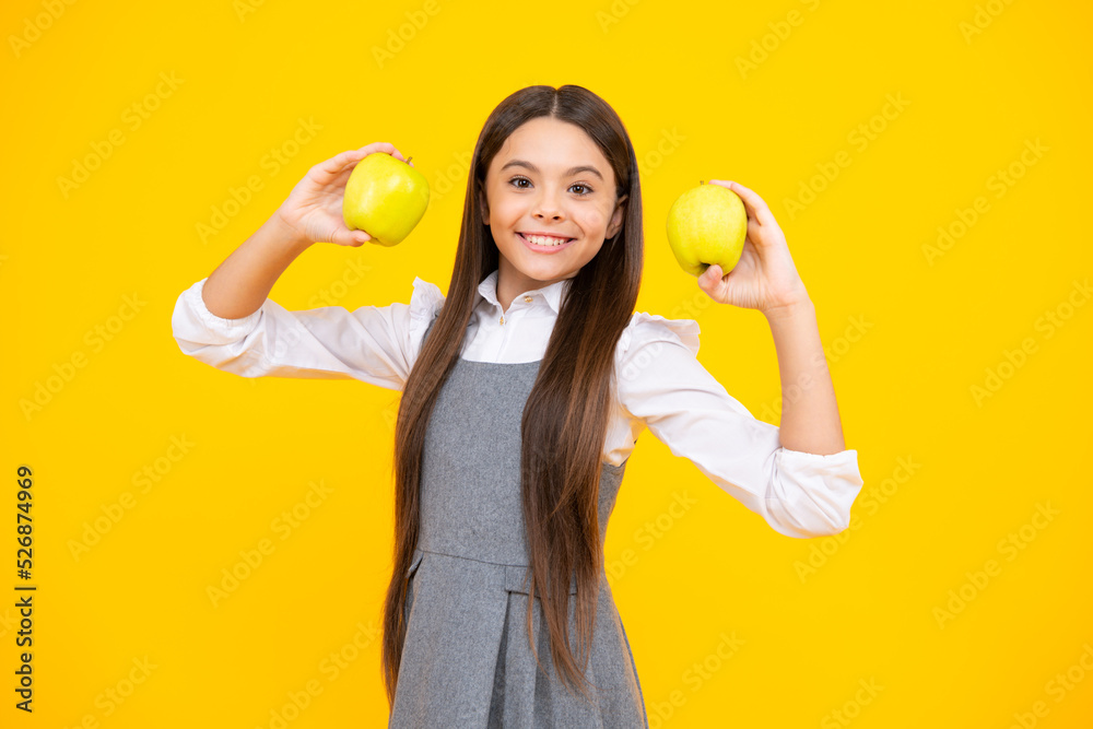 Teenager child girl biting tasty green apple. Teenager child girl biting tasty green apple.