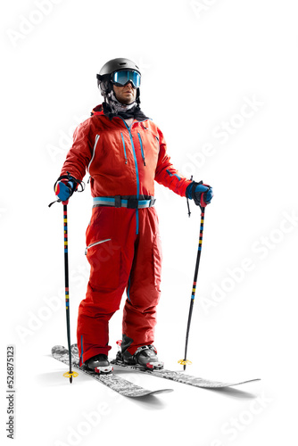 Skiing sport. The athlete looks at the beautiful landscape. Sport emotion. Isolated
