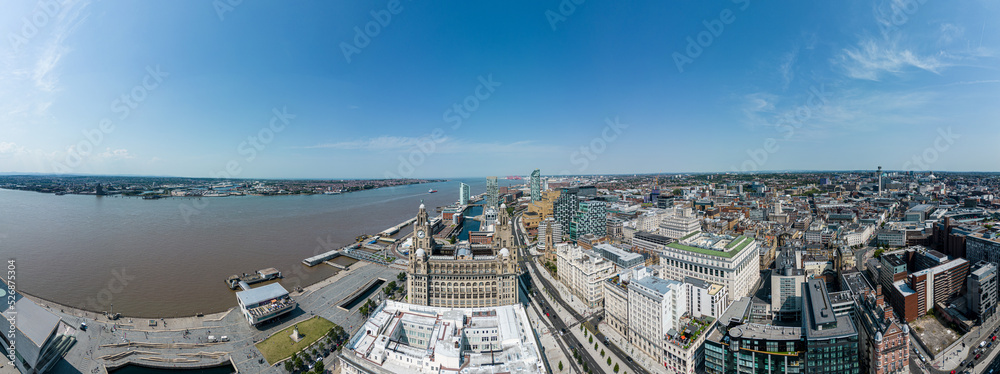 Aerial view over Liverpool and Mersey River - wide angle panorama - travel photography