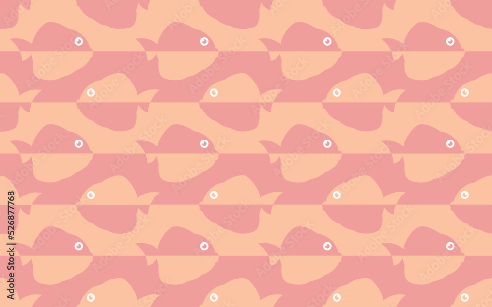 Seamless vector composition with fish in pink color. Design for wallpaper, wrapping paper, background, fabric, shirts, t-shirts, tablecloth, bath towel, swimwear, shorts.