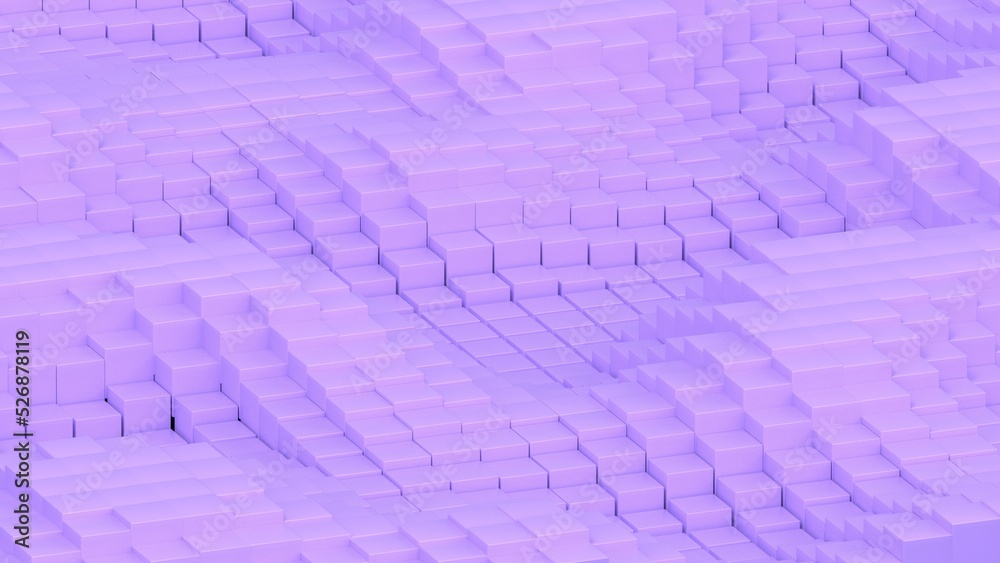 Abstract background with waves made of a lot of purple cubes geometry primitive forms that goes up and down under black-white lighting. 3D illustration. 3D CG. High resolution.