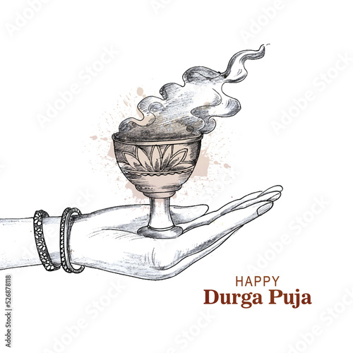 Hand holding durga puja dhunuchi with smoke sketch indian puja festival background
