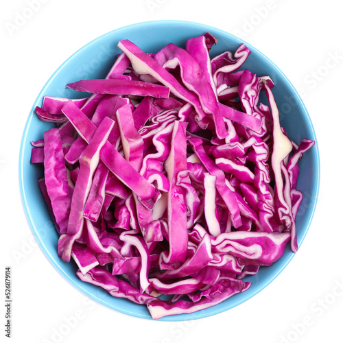Bowl with shredded fresh red cabbage isolated on white, top view