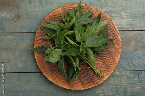 Bunch of fresh stinging nettles on blue wooden table, top view