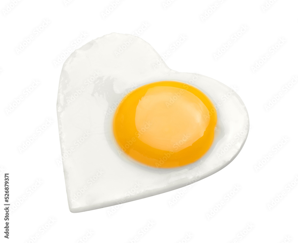 Heart shaped fried egg isolated on white