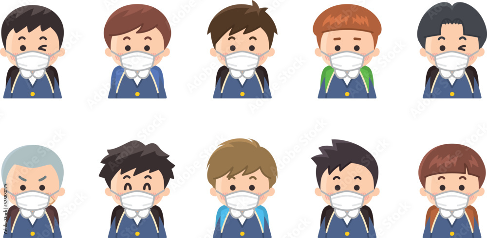 マスクを付けた小学生の男の子のアイコンセット バリエーション 色々 マスクを付けた小学生の男の子のアイコンセット バリエーション 色々