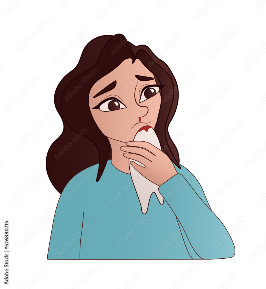 Woman with nosebleed on white background Woman with nosebleed on white background