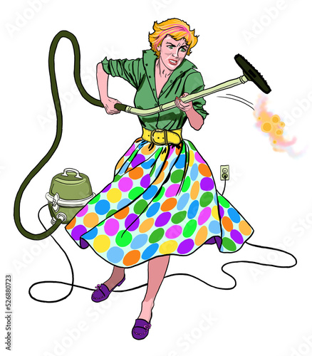 Angry retro fifties housewife blonde woman using vintage corded vacuum cleaner swings hose around in cleaning rage