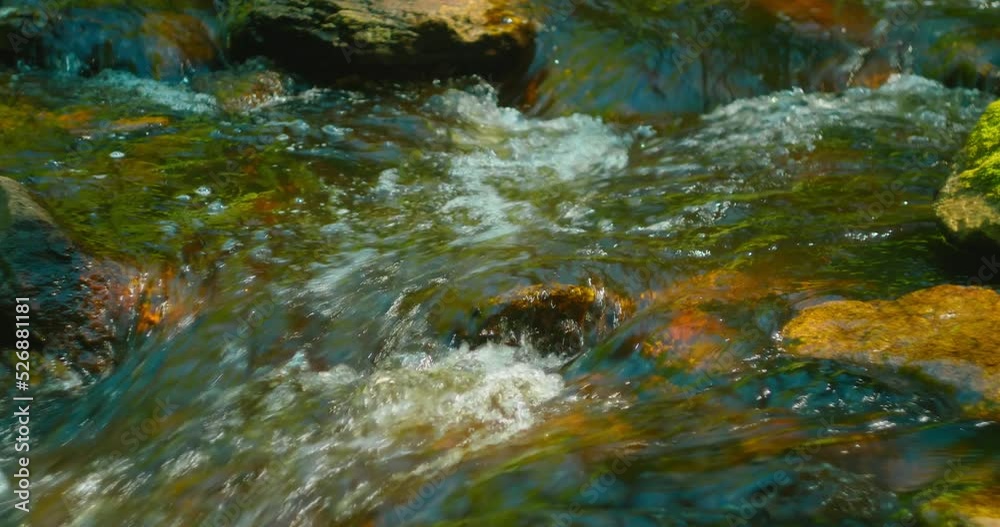 Close-up of mountain fast river on a sunny summer day. Nature landscape. Forest in the morning. Mesmerizing flow of cold fresh water on a hot afternoon. Sun rays illuminate the creek, brook. Close-up of mountain fast river on a sunny summer day. Nature landscape. Forest in the morning. Mesmerizing flow of cold fresh water on a hot afternoon. Sun rays illuminate the creek, brook.