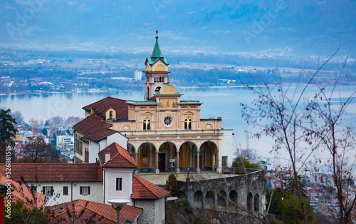 Picturesque landscape with a view of the ancient Madonna del Sasso Church, located in Orselino and is a landmark in the city ..of Locarno, Switzerland