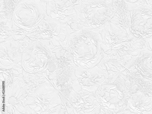 Relief of ranunculus and carnations. White floral background. 3D illustration. 3D render