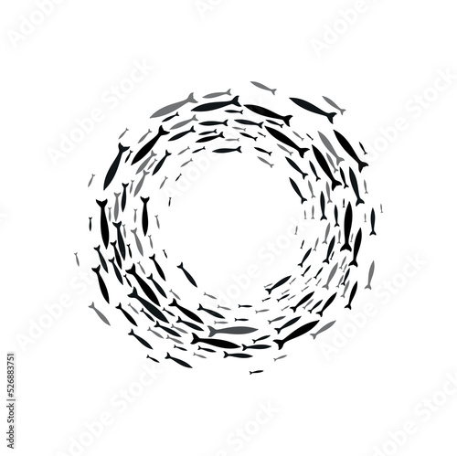 School of fish swimming in circle, group of aquatic tuna swimming in round frame. Vector shoal fish silhouette. Marine border of floating cod animals