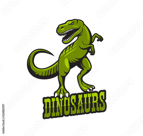 Tyrannosaur dinosaur mascot. Tyrannosaur reptile university or college sport team symbol  tyrannosaurus monster vector mascot character. Aggressive green raptor  jurassic reptile animal emblem