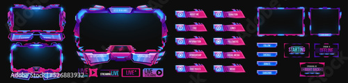 Fotografie, Obraz Overlay game stream interface, neon screen panel frames, vector live twitch UI buttons