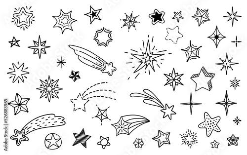 Doodle stars sketch, hand drawn line cute starry sky, vector icons with patterns. Ink pen or pencil scribble sketch stars, cartoon sketchy comets or twinkle shooting stars in space
