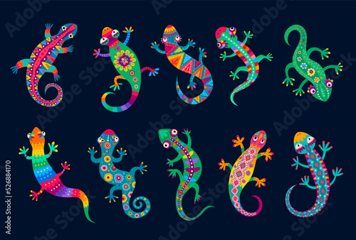 Mexican lizard and gecko, funny reptiles with ethnic ornament, vector mexican folk art. Tropical lizard animals or geckos with latin pattern ornament, funny cartoon characters for kids quiz game