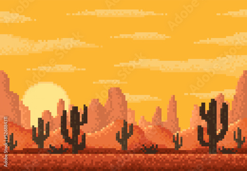 Pixel desert landscape, 8 bit pixel game level background with mountain and cactus, vector scene. 8bit pixel art game or video arcade cartoon level of Arizona or Texas desert with canyon rocks