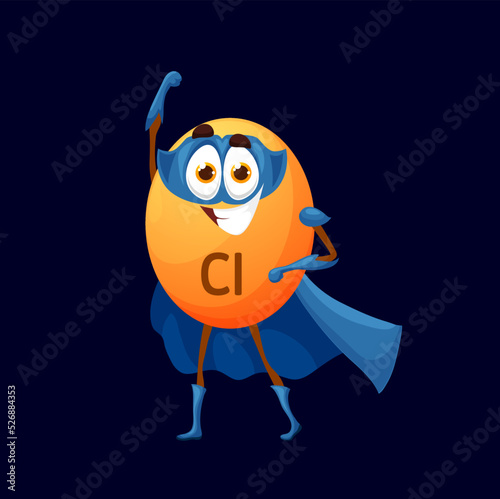 Cartoon chlorium superhero micronutrient character. Isolated vector funny Cl personage. Comic nutrient defender, fairytale food supplement capsule, mineral, micronutrient bubble in blue mask and cloak
