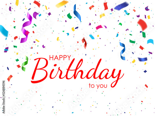 Birthday confetti holiday party. Vector greeting card or poster for anniversary celebration with colorful flying foil pieces on white background. Realistic 3d confetti background