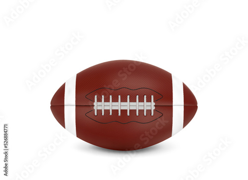 Realistic american football ball, rugby sports accessory. Vector equipment item for playing game, league or competition. Isolated brown leather ball with lace lying on floor, 3d sport object