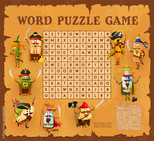 Cartoon mexican food pirate and corsair characters. Word search puzzle game worksheet. Vector quiz grid with tex mex tamales, jalapeno, tequila and mezcal, pulque, tacos, enchilada, churros or avocado