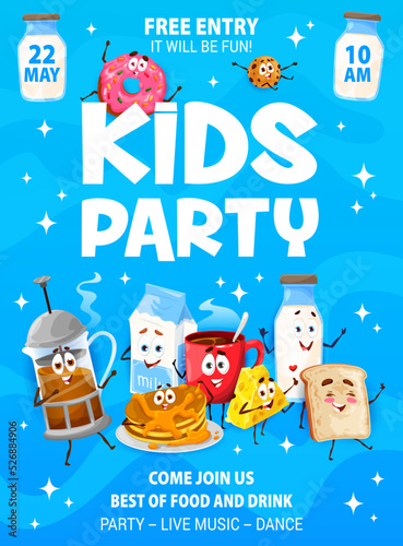 Kids party flyer with breakfast food cartoon characters. Vector promo invitation poster with cute tea press, milk package, pancakes, cup and cheese with toast and bottle food and drink personages