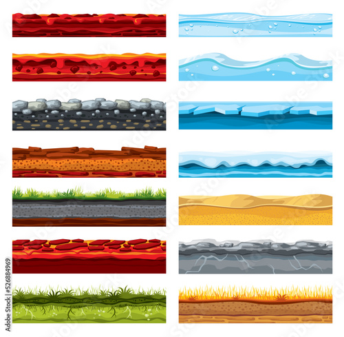 Soil ground layer, cartoon game level surface landscape. Game asset. Volcanic lava or magma, stone road, river water wave and ice, desert dunes, dry and green grass 2d game layer vector ground