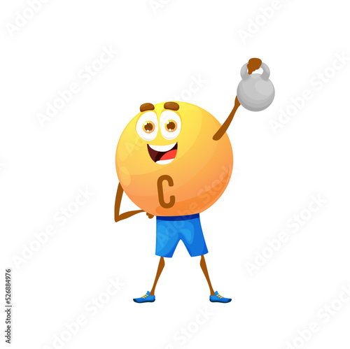 Cartoon vitamin C character with dumbbell. Isolated vector ascorbic acid personage fitness or bodybuilding workout with bob. Food supplement sportsman healthy lifestyle, sports exercises, gym training